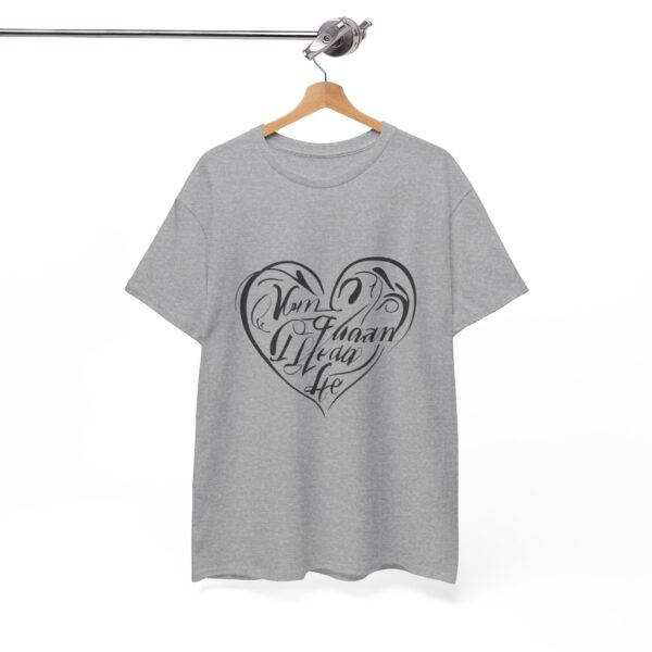 a grey t-shirt with a heart on it