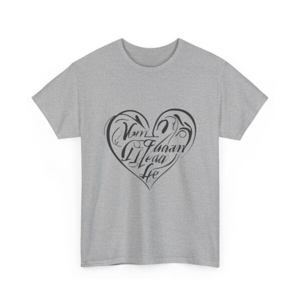 a grey t-shirt with a heart on it